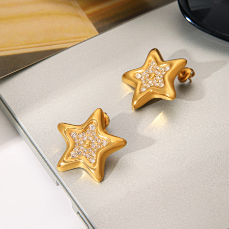 Boucles d'oreilles puces pour femmes Simple Series Daily Star en acier inoxydable, étanches, couleur or, avec zircon.