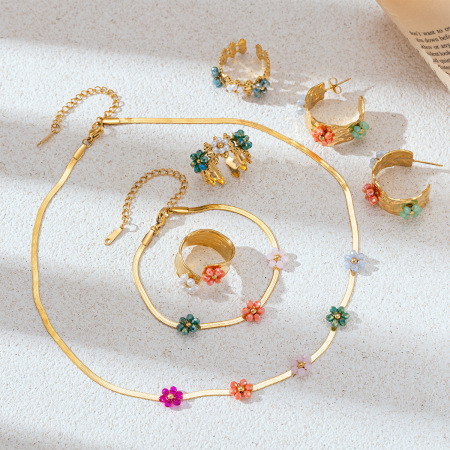 Ensemble de colliers romantiques en acier inoxydable doré, ornés de fleurs en verre 2