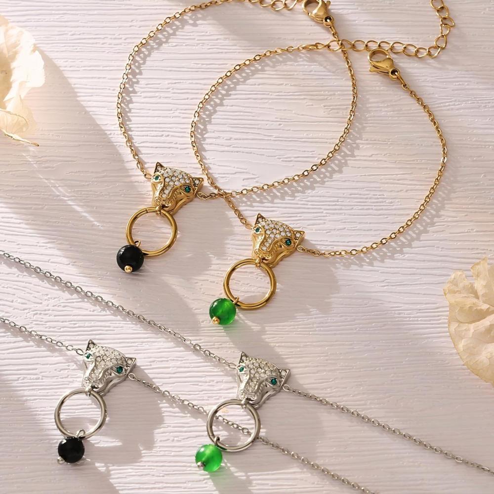 Ensembles De Bijoux Pour Femmes En Acier Inoxydable Doré, Imperméables Et Anti-Ternissement, Ornés De Zircon Naturel Et D'Une Tête De Léopard Image2