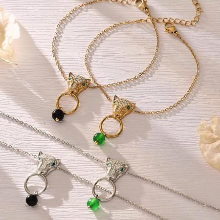 Ensembles de bijoux pour femmes en acier inoxydable doré, imperméables et anti-ternissement, ornés de zircon naturel et d'une tête de léopard 2