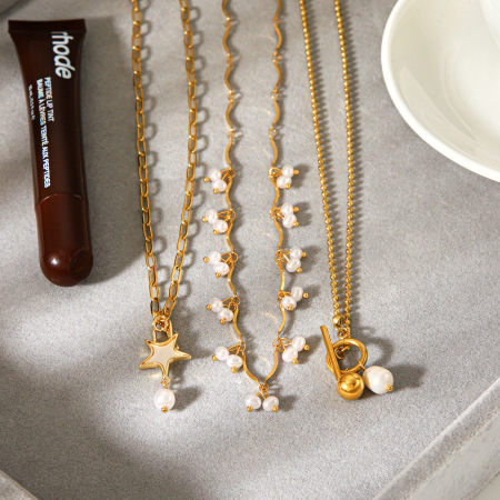 Collier pendentif Simple Star en acier inoxydable étanche couleur or avec perle 2