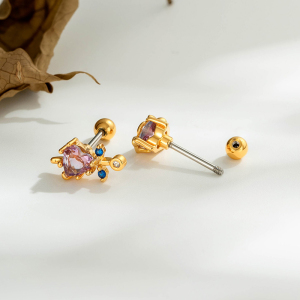 Boucles D'Oreilles Piercing Femme En Forme De Cœur, Zircon Rose, Couleur Cuivre Doré h5 Image5