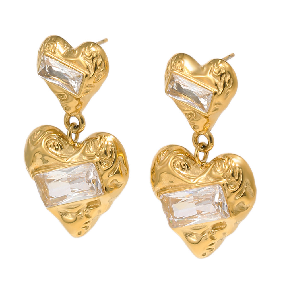 Boucles D'Oreilles Pendantes En Acier Inoxydable Imperméable Avec Zircon Doré En Forme De Cœur Image4