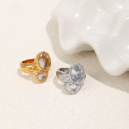 Bague statement en acier inoxydable étanche avec zircon en forme d'ellipse