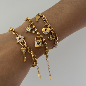Bracelets À Breloques Pour Femmes, Style Key&Lock, En Acier Inoxydable, Étanches Et Anti-Ternissement, Couleur Or. h5 Image5