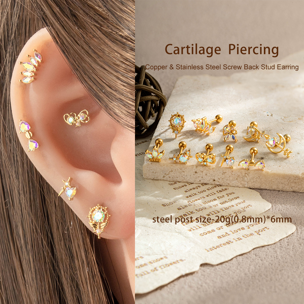 Boucles D'Oreilles Piercing Femme En Zircon Couleur Cuivre Doré Polychrome En Forme De Cœur Image5