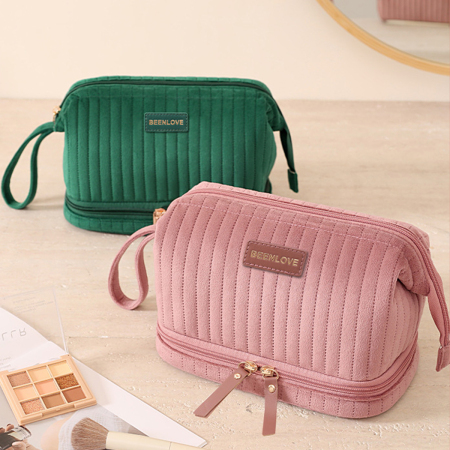 Trousse à maquillage double couche en velours uni
