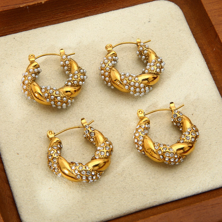 Boucles d'oreilles créoles pour femmes, luxueuses et élégantes, de forme irrégulière, en acier inoxydable étanche, couleur or, ornées de zircon.