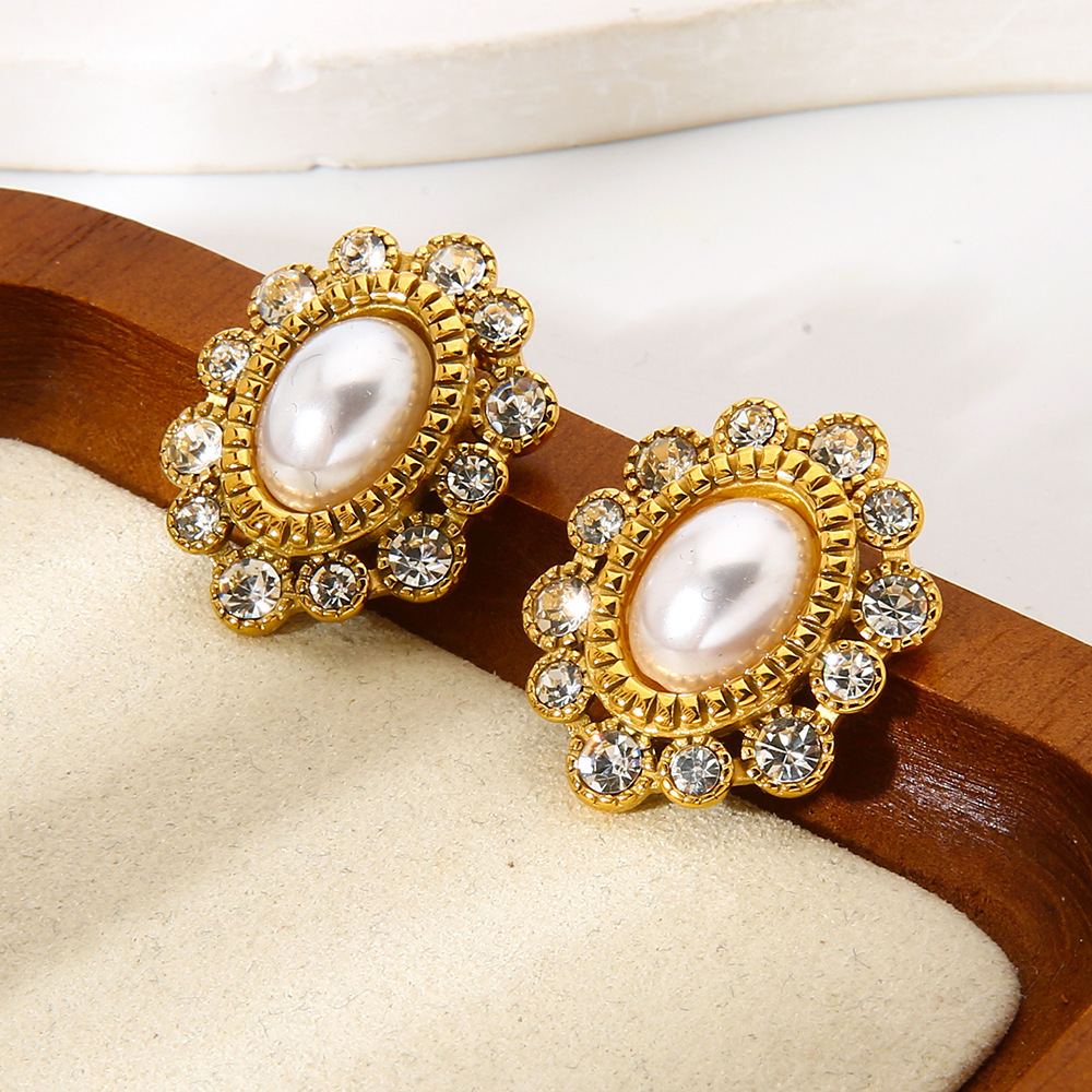 Boucles D'Oreilles Puces Élégantes Et Luxueuses En Acier Inoxydable Doré, Ornées De Zircon, Avec Motif Floral. Image2