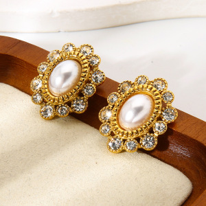 Boucles D'Oreilles Puces Élégantes Et Luxueuses En Acier Inoxydable Doré, Ornées De Zircon, Avec Motif Floral. h5 Image2