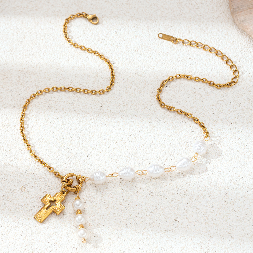 Collier Pendentif Croix En Acier Inoxydable Étanche Avec Perles Artificielles Multicolores Image4