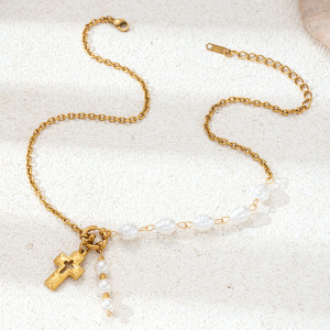 Collier Pendentif Croix En Acier Inoxydable Étanche Avec Perles Artificielles Multicolores h5 Image4