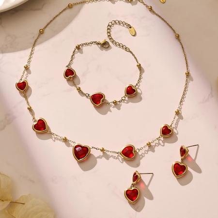 Ensembles de bijoux pour femmes en acier inoxydable doré, imperméables et anti-ternissement, en forme de cœur romantique en verre