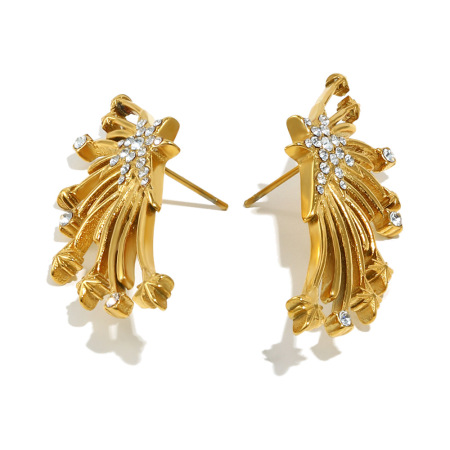 Boucles d'oreilles puces en acier inoxydable imperméable en forme d'ailes, avec zircon doré 2