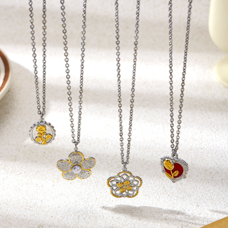 Collier pendentif rétro en acier inoxydable imperméable en forme de cœur et de fleur, couleurs assorties