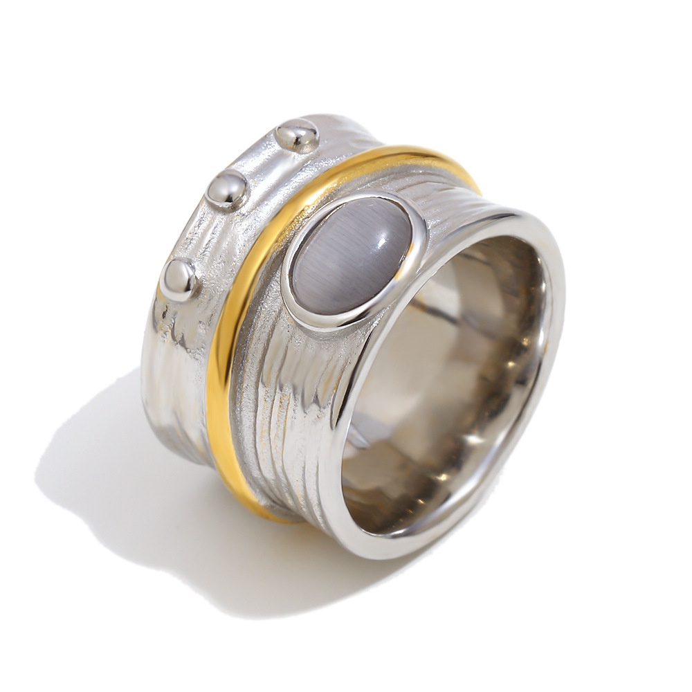 Bague En Acier Inoxydable Étanche Avec Pierre Œil-De-Chat Incrustée