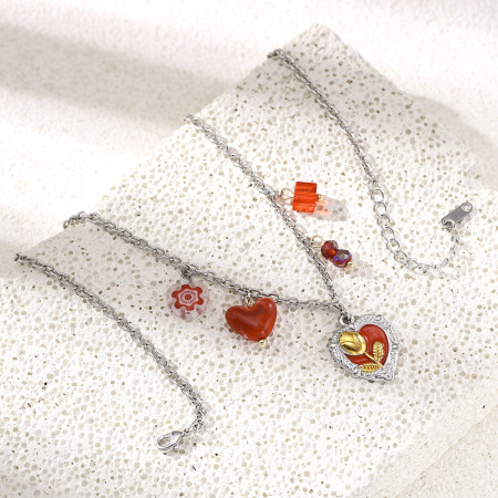 Collier pendentif en acier inoxydable étanche en forme de cœur et de fleur rose, couleurs assorties 2