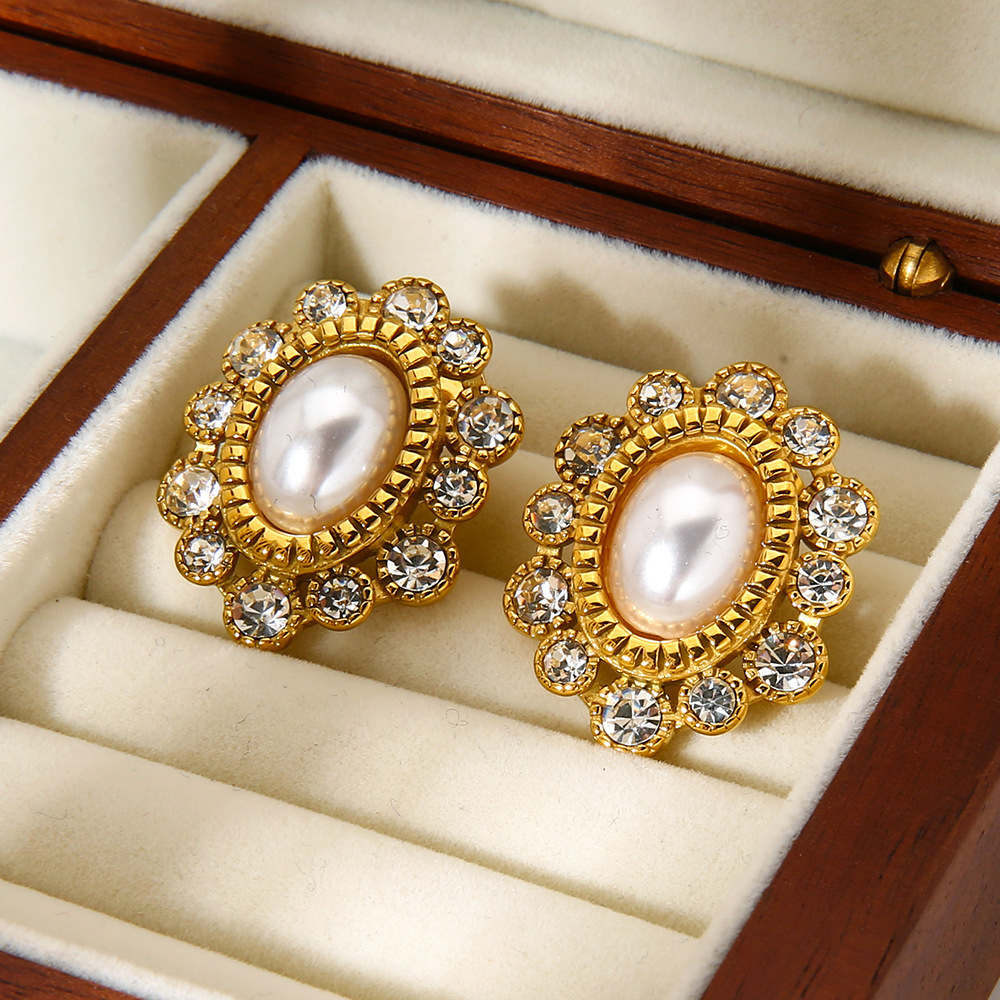 Boucles D'Oreilles Puces Élégantes Et Luxueuses En Acier Inoxydable Doré, Ornées De Zircon, Avec Motif Floral. Image3