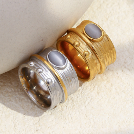 Bague en acier inoxydable étanche avec pierre œil-de-chat incrustée 2