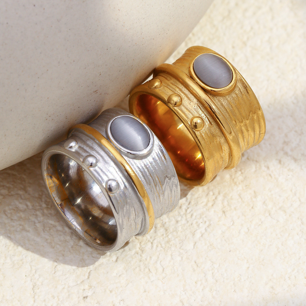 Bague En Acier Inoxydable Étanche Avec Pierre Œil-De-Chat Incrustée Image2