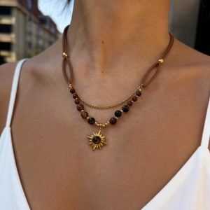 Collier À Plusieurs Rangs En Acier Inoxydable Doré, Imperméable Et Orné De Pierres Naturelles, En Forme De Soleil h5 Image3