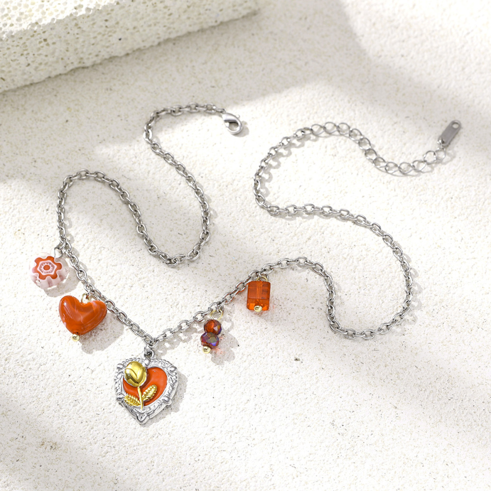 Collier Pendentif En Acier Inoxydable Étanche En Forme De Cœur Et De Fleur Rose, Couleurs Assorties Image4