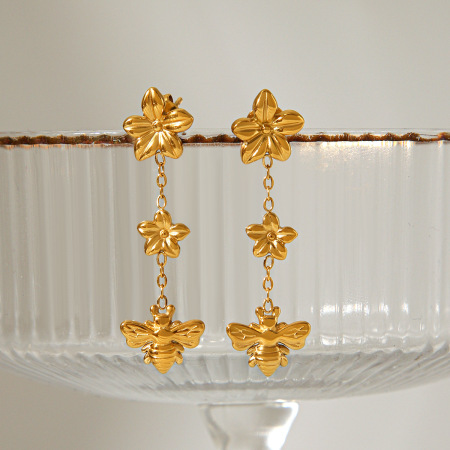 Boucles d'oreilles pendantes en acier inoxydable doré, imperméables, avec pompon et fleurs et abeilles 2