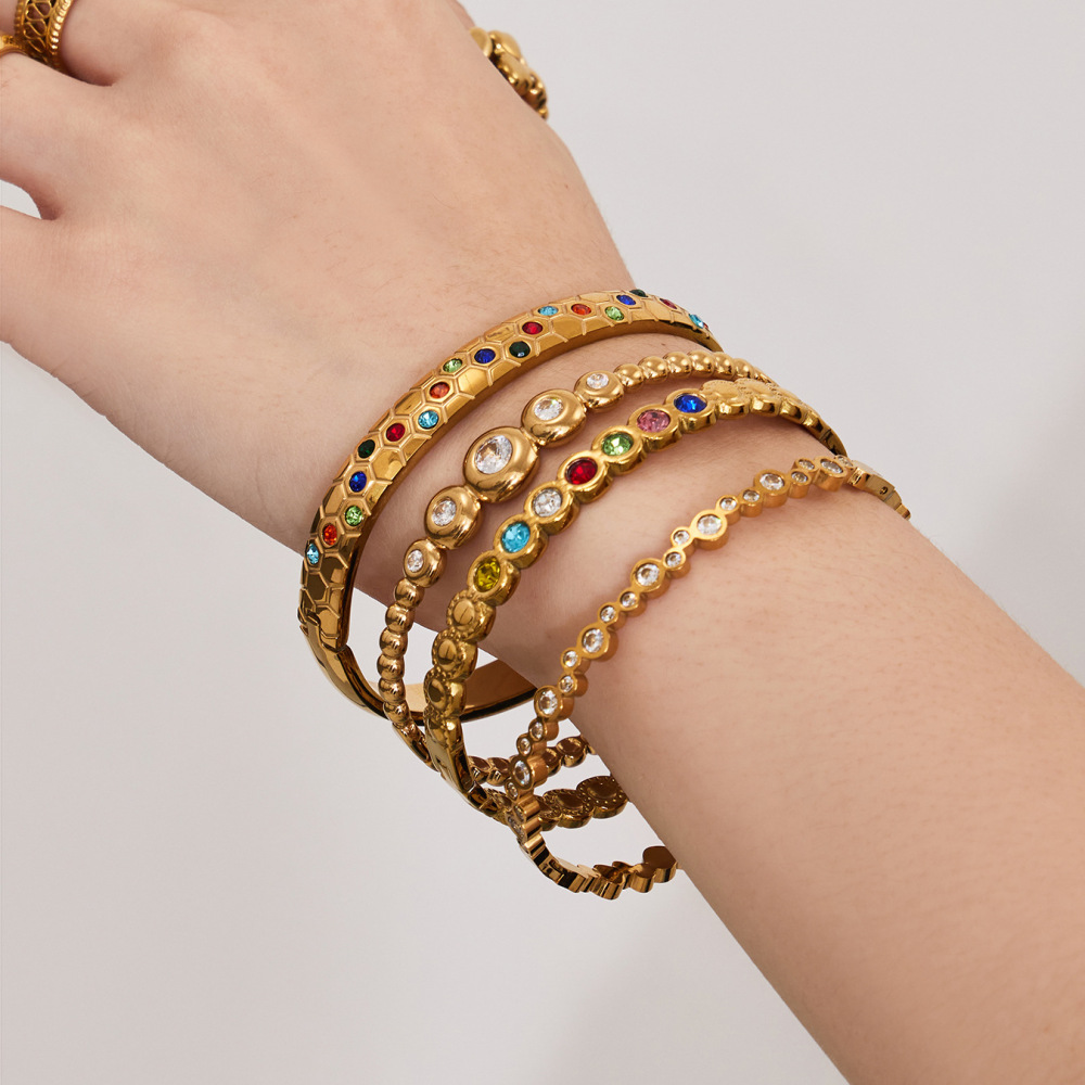 Bracelet Jonc Pour Femme En Acier Inoxydable Doré Avec Cercle De Zircon Brillant, Imperméable Et Anti-Ternissement Image6