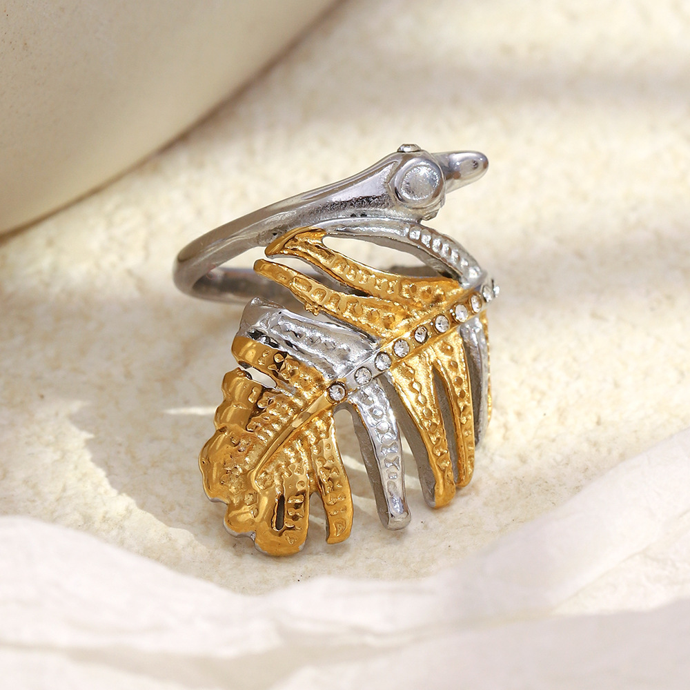 Bague Statement En Forme De Feuille, En Acier Inoxydable Doré Et Argenté, Étanche Image3