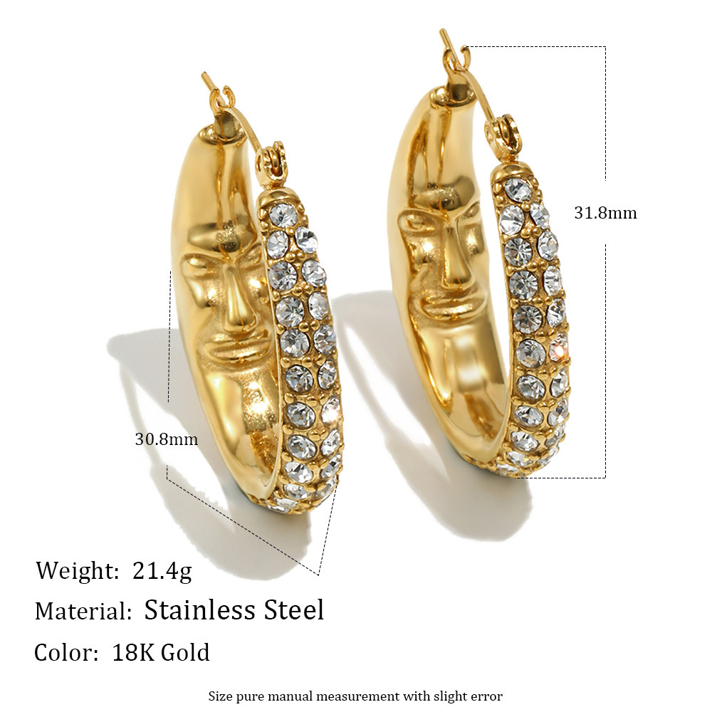 Boucles D'Oreilles Créoles En Acier Inoxydable Imperméable Avec Motif Visage Et Zircon Doré 
