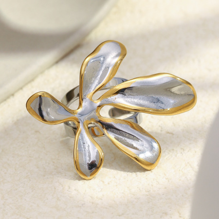 Bague imposante en acier inoxydable doré et argenté, en forme de fleur, étanche