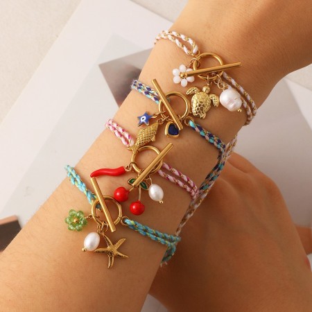 Bracelets tressés double couche en acier inoxydable étanches avec breloques