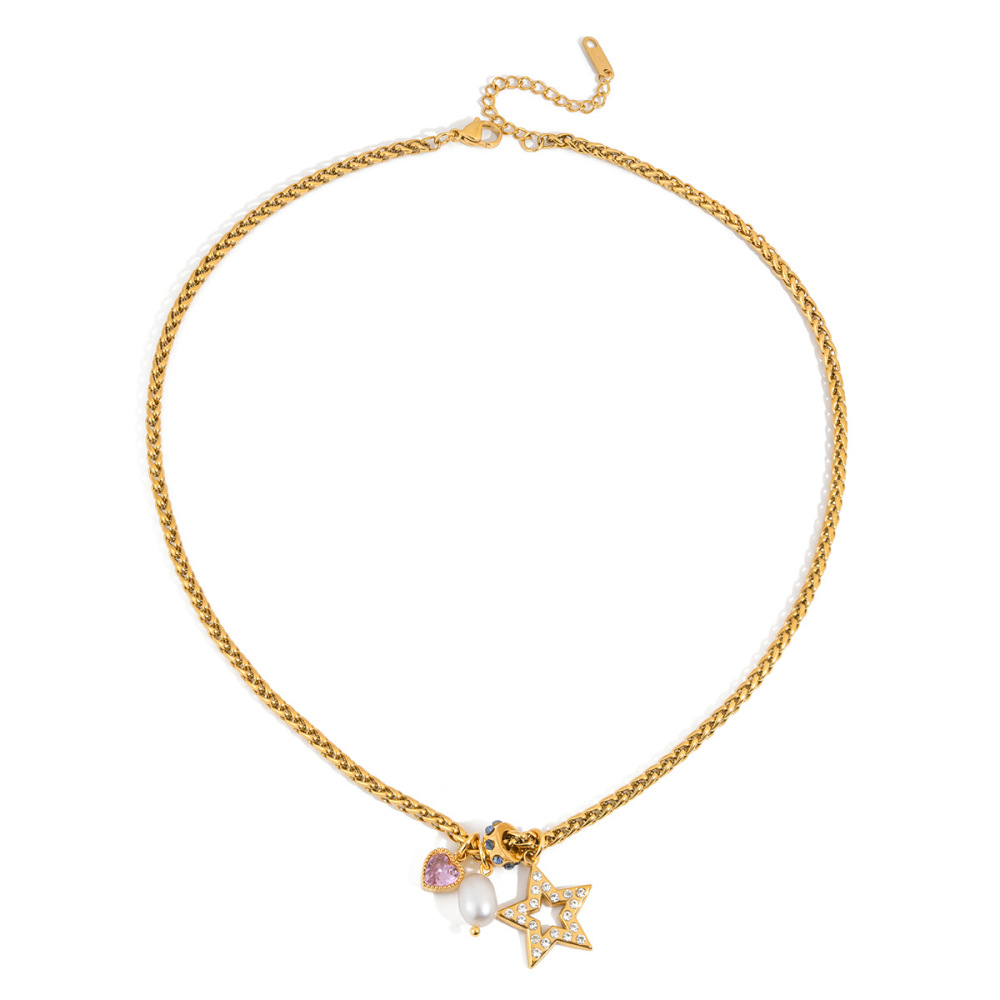 Colliers Pendentifs Pour Femmes Sleek Star En Acier Inoxydable, Imperméables Et Anti-Ternissement, Couleur Or, Avec Zircon Et Perle. 