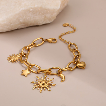 Bracelet chaîne femme en acier inoxydable étanche, or 18 carats, motif cœur, soleil, tortue, étoile et lune 2