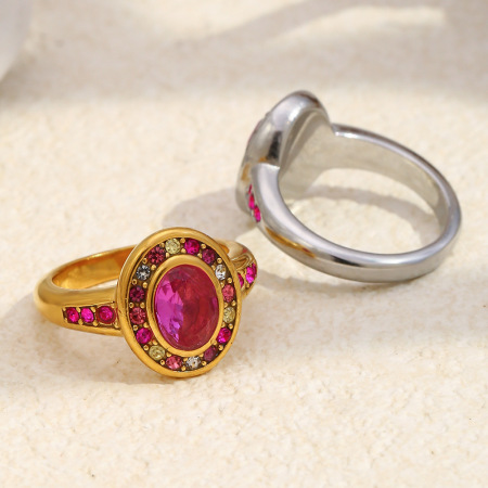 Bague rétro ronde en acier inoxydable étanche avec zircon coloré 2