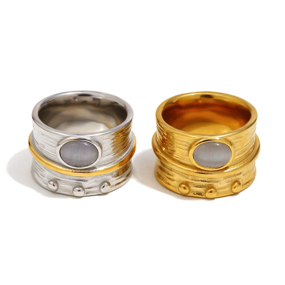 Bague En Acier Inoxydable Étanche Avec Pierre Œil-De-Chat Incrustée Image4