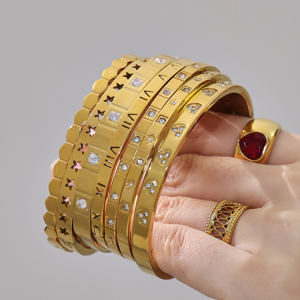 Bracelets Pour Femmes En Acier Inoxydable Rainuré, Imperméables Et Anti-Ternissement, Couleur Or, Ornés De Zircon. h5Image3