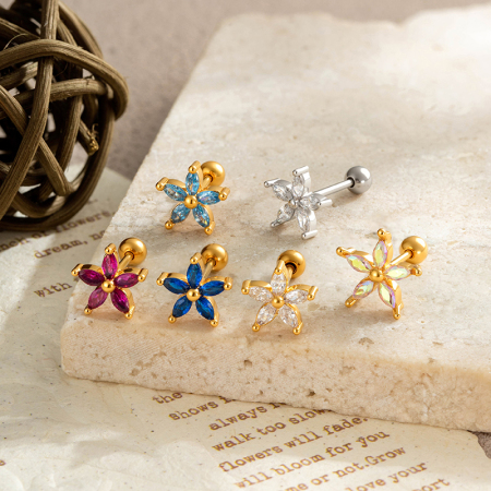 Boucles d'oreilles piercing femme en zircon couleur cuivre doré à motif floral scintillant
