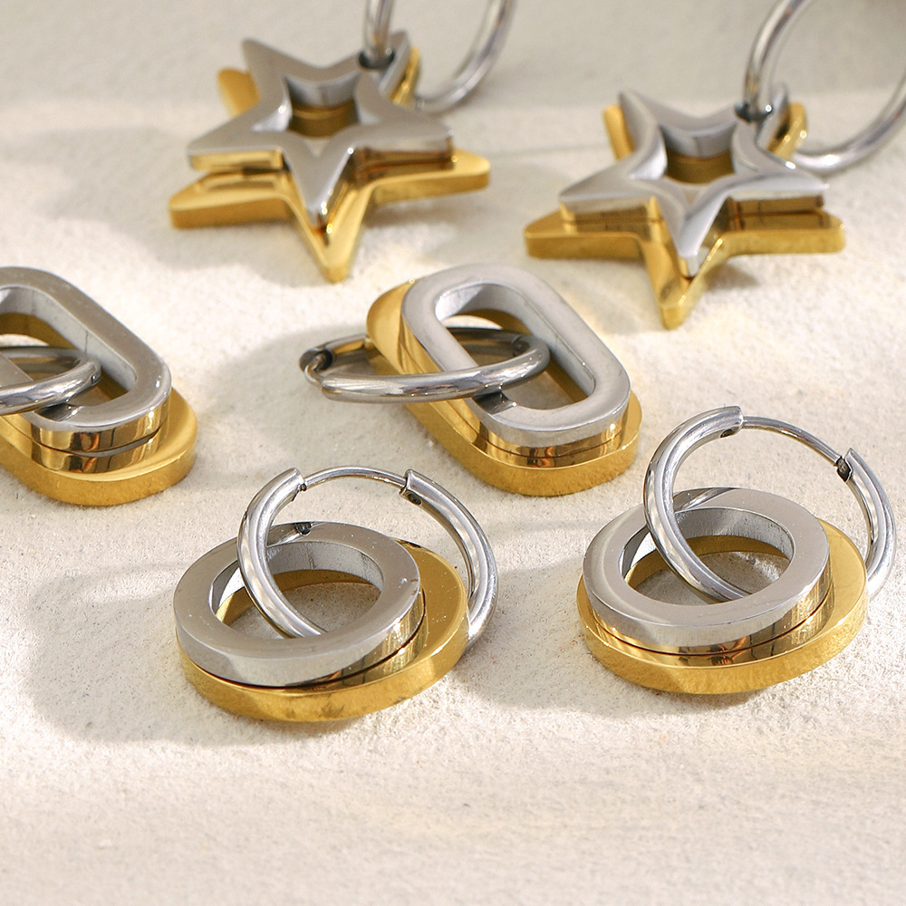Boucles D'Oreilles Créoles Étanches En Acier Inoxydable En Forme D'Étoile Double Image3