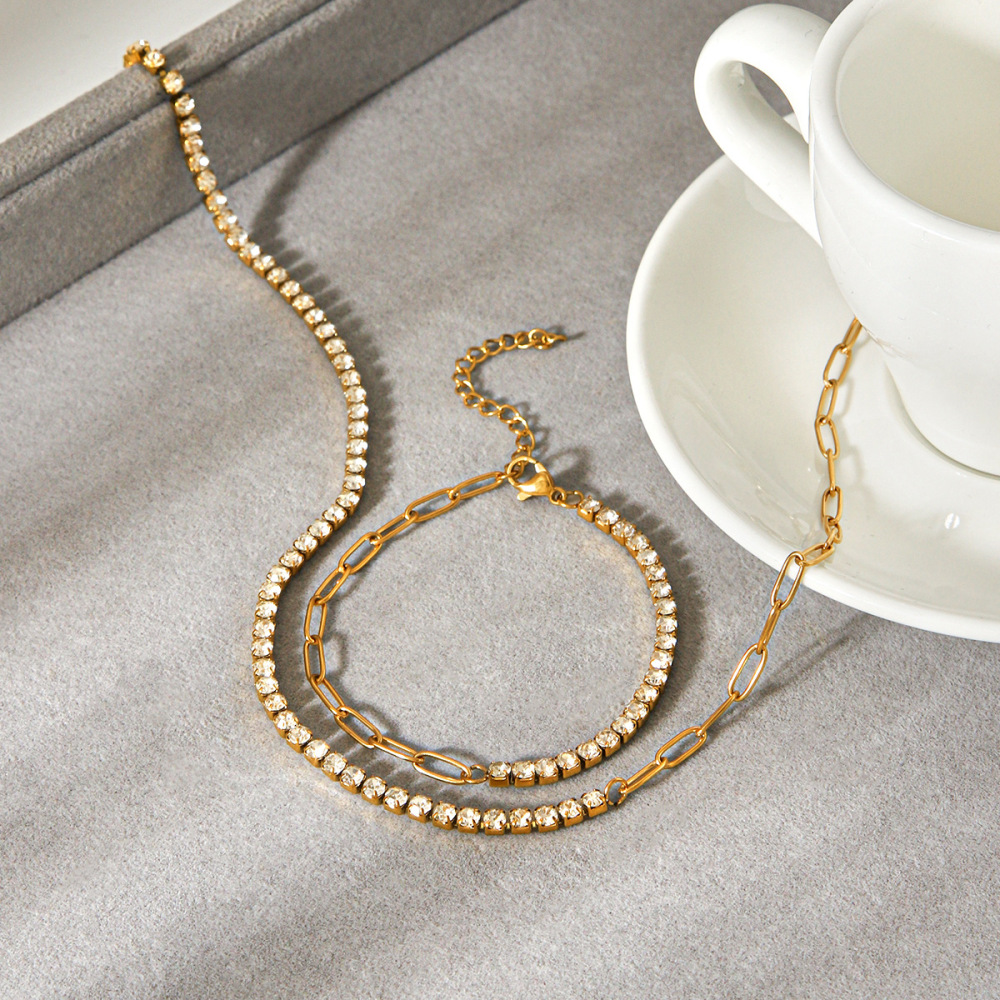 Ensemble Collier Daily Chain En Acier Inoxydable Étanche Couleur Or Et Zircon h5Image5