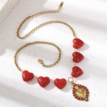 Collier pendentif cœur en acrylique et acier inoxydable étanche couleur or