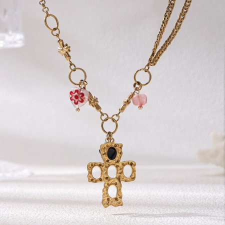 Collier pendentif en acier inoxydable étanche couleur or en forme de croix