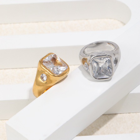 Bague classique carrée en acier inoxydable et zircon étanche