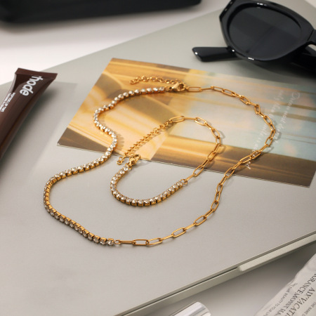 Ensemble collier Daily Chain en acier inoxydable étanche couleur or et zircon