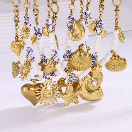 Colliers de perles rétro en porcelaine, acier titane et métal doré pour femmes