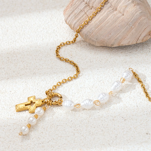Collier Pendentif Croix En Acier Inoxydable Étanche Avec Perles Artificielles Multicolores h5 Image3