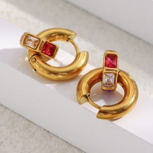 Boucles D'Oreilles Pendantes En Acier Inoxydable Étanche, Couleur Or, Avec Zircon Coloré h5 Image2