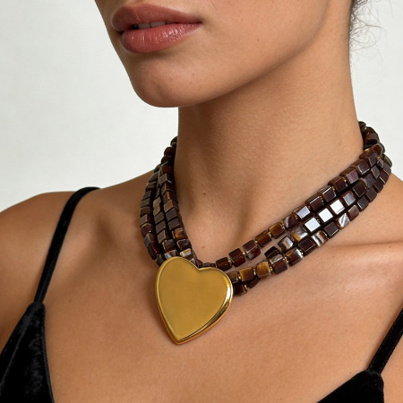 Collier de perles dorées en acier inoxydable étanche, composé de perles en résine superposées 2
