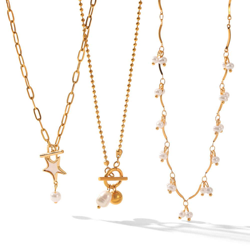 Collier Pendentif Simple Star En Acier Inoxydable Étanche Couleur Or Avec Perle h5Image5