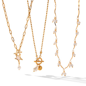 Collier Pendentif Simple Star En Acier Inoxydable Étanche Couleur Or Avec Perle h5 Image5
